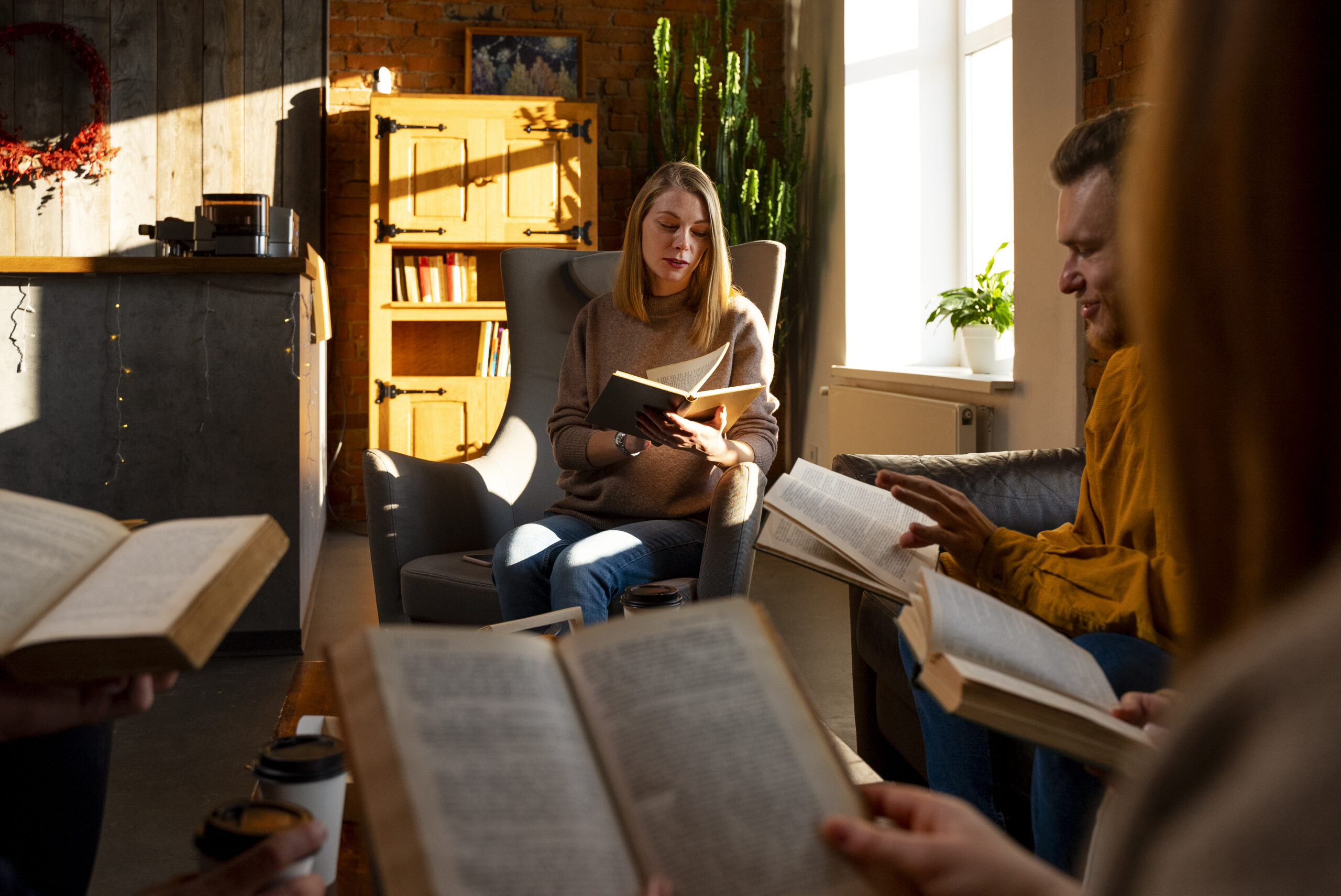 Medium shot people reading together